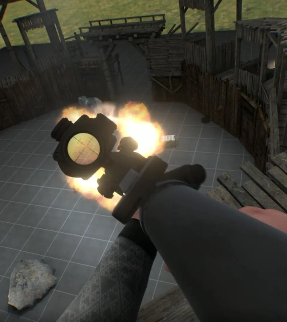 A player using the MK18 rifle to engage Nullmen from a distance in Boneworks