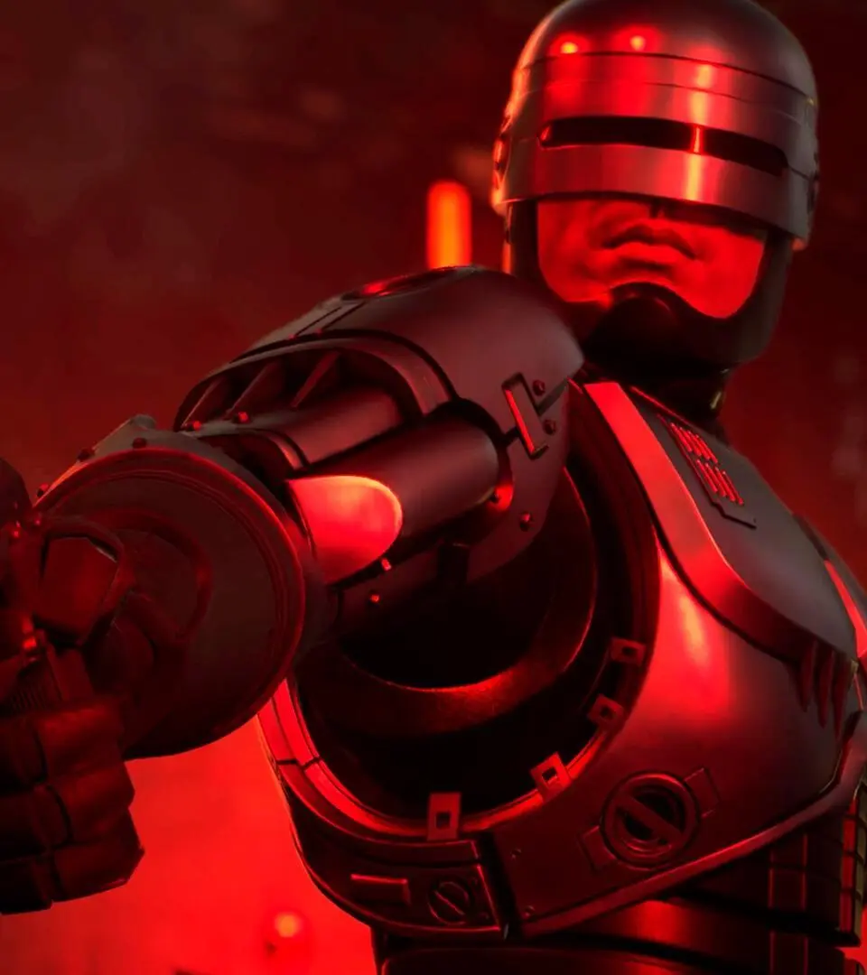 RoboCop interacting with a case on a table to retrieve the OCP-9 Auto Motherboard.